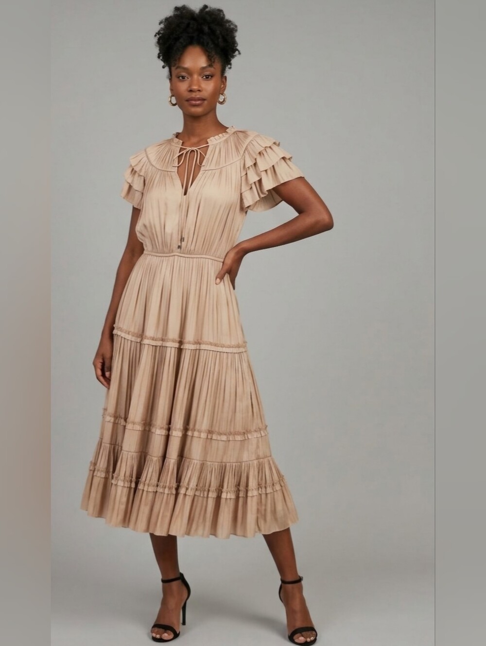 NEW Reset ByJane Chic Tan/ Champagne Maxi Dress with Ruffle Short Sleeves